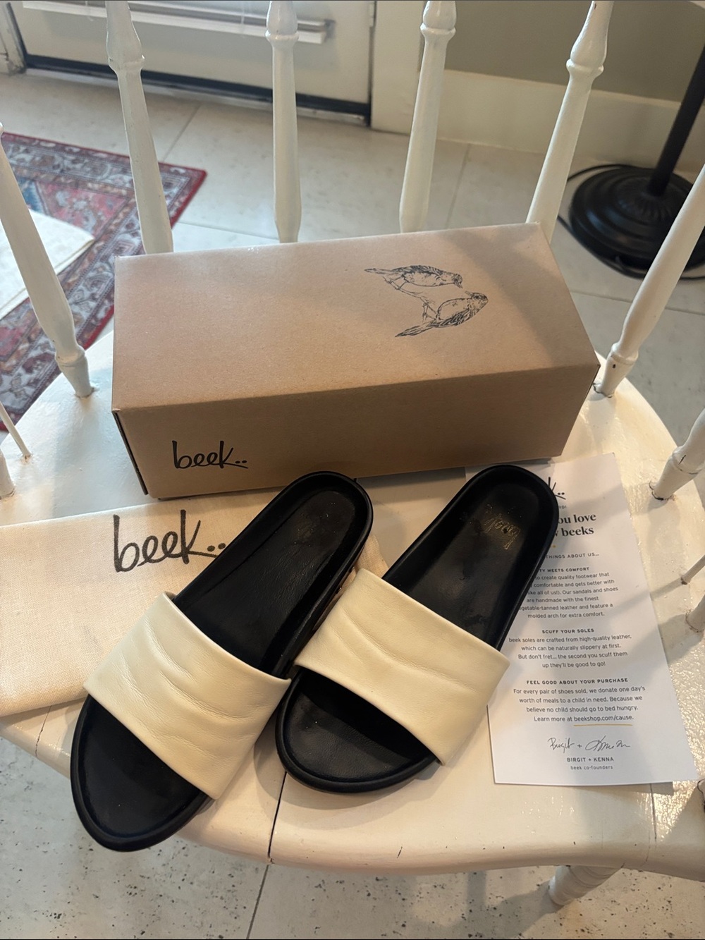 beek Cream Leather Slide Sandals with Black Footbed